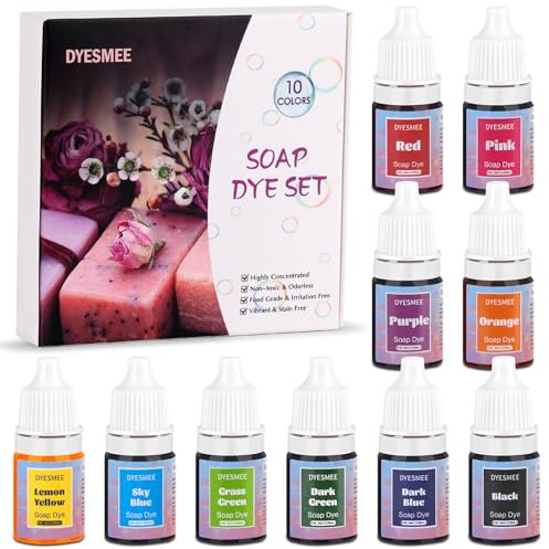 DYESMEE Juego de pintura de jabón artesanal de 10 colores. Tinte líquido seguro para la piel, sin manchas, para hacer jabón, bombas de baño, limo y arcilla.