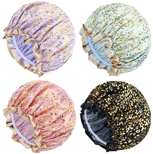 Yoosit 4 PACK Double Layer Waterproof Reusable Satin Shower Caps with Adjustable Bath Hair Caps Stretchy EVA Bathing Hats Bonnets Curly Long Braids Hair for Women Girls (pack of leopard)