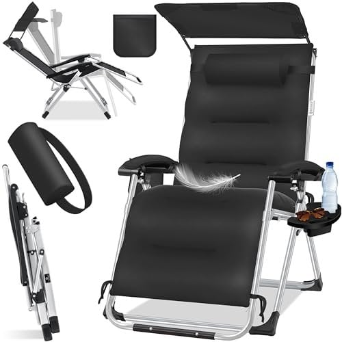 KESSER® Tumbona Plegable XXL, Resistente a la Intemperie, Capacidad de Carga 200kg, Tapizado Ergonómico, Respaldo Ajustable, Cojín Cervical, Portavasos y Cojín para Brazos, con Toldo - Negro