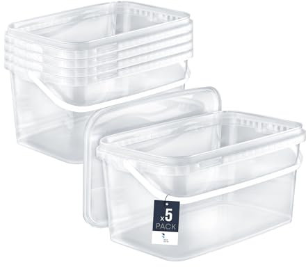 BenBow Secchio rettangolare con coperchio 5x 5l trasparente - adatto al contatto con alimenti, contenitore di plastica impilabile con manico - vuoto