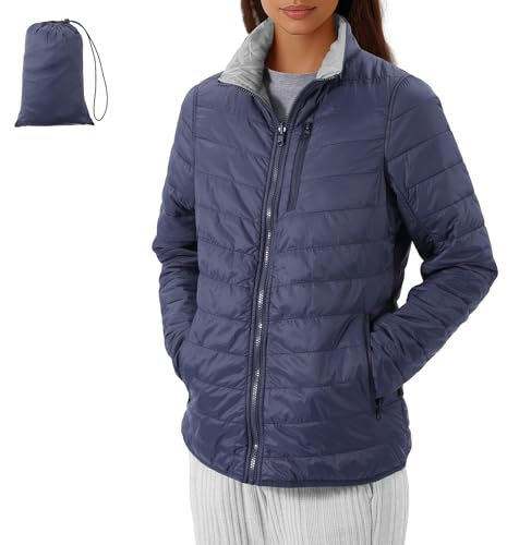 JEMIDI Chaqueta Acolchada Mujer Ultraligera Reversible - Impermeable con 5 Bolsillos con Cremallera - Bolsa de Transporte Incluida - Negro/Gris Oscuro