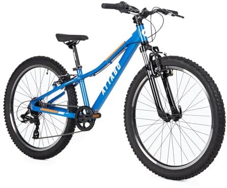 ATTABO Vélo VTT Enfant JR Cadre Aluminium 12 Bleu Vélo VTT Enfant 24 Roues avec Accessoires Guidon Ergonomique V-Brake Selle Réglable Dérailleur 8 Vitesses