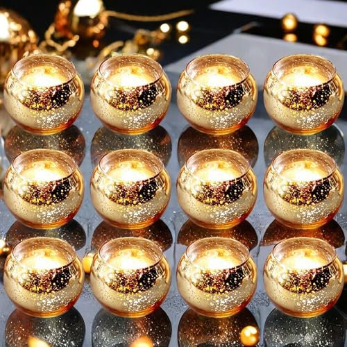 Lot de 12 photophores ronds dorés en verre - Photophore en verre doré - Pour bougie chauffe-plat - Décoration de table de mariage