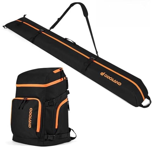 Odoland Ski Bag and Boot Bag Combo, Padded Ski Bags for Air Travel, Snow Ski Backpack Fit Ski Up to 200cm, Waterproof Double Bag for Storage, Transport Ski Gear, Men Women