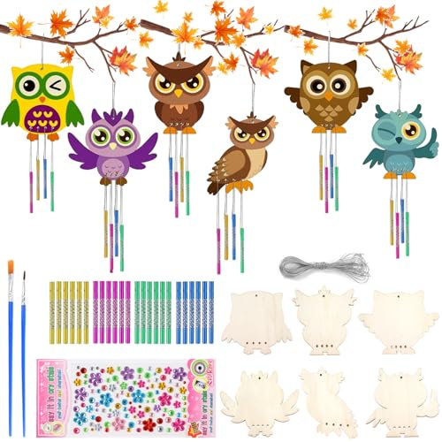 Svalor Eule Windspiel Bastelset Kinder, 6 tlg Herbst Holz Bastelset, Eule Kindergeburtstag Basteln mit Strassaufkleber und Silberfaden, Holz Basteln Kinder für Halloween Deko