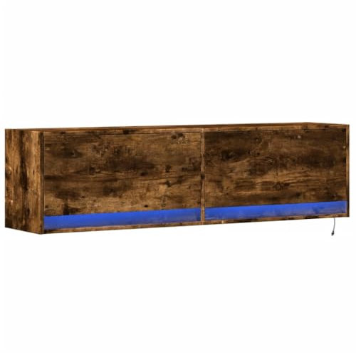 vidaXL TV Wall Cabinet Floating with LED Lights, Smoked Oak, Engineered Wood, 80x31x38 cm, 2 Drawers, Living Room Media Unit, Modern Design