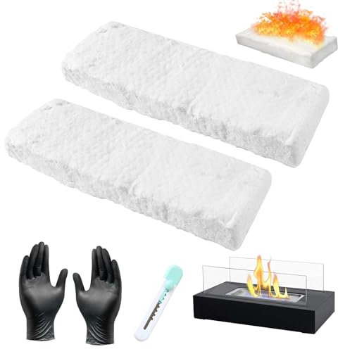 Gebiuhoo Glaswolle für Bio Ethanol Kamin 2 Stück Brennkammer Keramikschwamm Keramikwolle für Ethanolkamin 30 x 11 x 2.5 cm mit Universalmesser Silikonhandschuhe Absorbierend verlängert die Brenndauer
