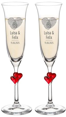 Sektgläser Set mit roten Herzen am Stiel, Hochzeit Geschenke, Personalisierte Gläser, Sektglas mit Gravur 2er-Set, Champagnergläser mit Fingerabdruck Herz, Sektflöten zum Jahrestag