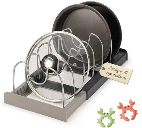 Organizador de Sartenes y Ollas Extensible con 10 Separadores. 2 Clips de Silicona Antiderrame - Soporte de Espátula. Soporte Ajustable para Almacenaje de Tapas, Ollas, Sartenes, Platos, Bandejas...