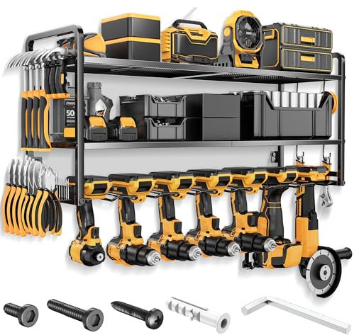 LBT Power Tool Organizer Wall Mount - 3 Layer Heavy Duty Tool Storage Rack with 7 Cordless Drill Holders, Loads 160Lbs Utility Rack for Garage, Workshop, Shed - Cool Gifts for Men, Dad, Husband