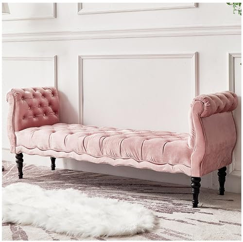 Samt Gepolstert Bank, Gepolsterte Getuftete Ottomane Bank, mit Armlehnen und Massivholzbein, Weiche Indoor Bänke, Bettbank für Schlafzimmer Wohnzimmer Eingangsbereich,Rosa,140cm/55in