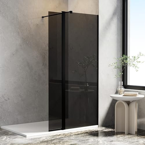 AQUARA 700mm Shower Screen with 300mm Return Panel, Walk-in Shower Enclosure with 8mm Easy Clean Grey Toughened Glass, Black, Reversible, Support Bar Includes