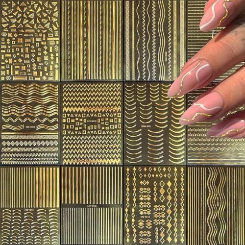 12 Sheets French Line Nails Art Stickers Curved Stripe Nails Decals 3D Gold Metallic Nails Stickers Nails Art Supplies
