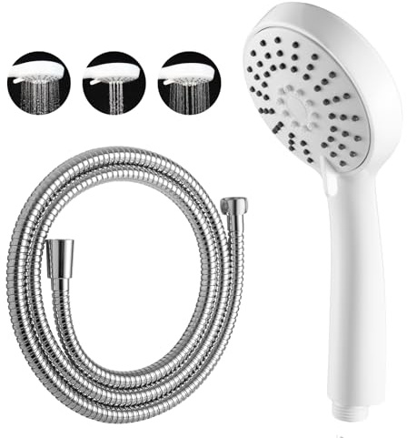 OFFO Duschschlauch mit Duschkopf, Wassersparend und Hochdruck, Handbrause mit 3 Strahlarten, Handbrause Rund, Duschbrause mit Antikalk-Funktion, Leicht zu Reinigen, Weiß