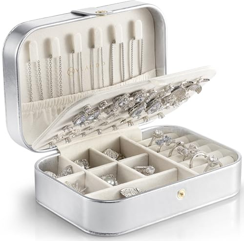 Vlando Schmuckkästchen Reise, Schmuckkasten Klein, Schmuckaufbewahrung mit Stil, Schmuck organizer für Ohrringe, Schmuck-Reiseetui Reise, Geschenkidee für Frauen, Mädchen, Silber