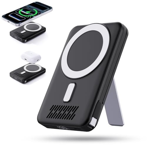2025 Neueste kabellose Powerbank, 12800 mAh, tragbares Ladegerät mit eingebauten Kabeln, LED-Display, magnetischer Akku, Reisezubehör für iPhone 17/16/15/14/13/12/Pro/Mini/Pro Max Android (schwarz)