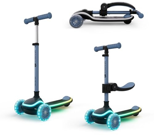 Kinderkraft RAKET UP 2-in-1 Scooter mit Sitz, LED Trittbrett, RGB Rollen, Klappbar, Leichtlaufrollen, Lenker 4-Fach Verstellbar, Ziehbar wie Koffer, Für Kinder, Blau