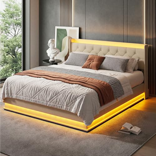 Xbro Polsterbett 140x200 mit Hydraulischem Stauraum, Steckdosen & LED-Ringlicht-Beleuchtung, Bettgestell mit Lattenrost und Bettkasten, Doppelbett für Schlafzimmer, modernem Design, Beige
