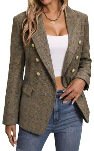 Mina Self 2025 Winter Damen Tweed Plaid Blazer Jacke - Warm Voll Gefüttert Mode Business Casual Elegant Mantel mit Taschen, Plaid/Khaki, M