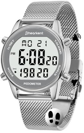 Hearkent Digital Talking Watch with Pedometer Step Counter Watch for Blind | Speaking Time/Date/Steps/Calories in English for Elderly, No Bluetooth, 5 Alarms, EL Backlight, Countdown, LCD Large Number