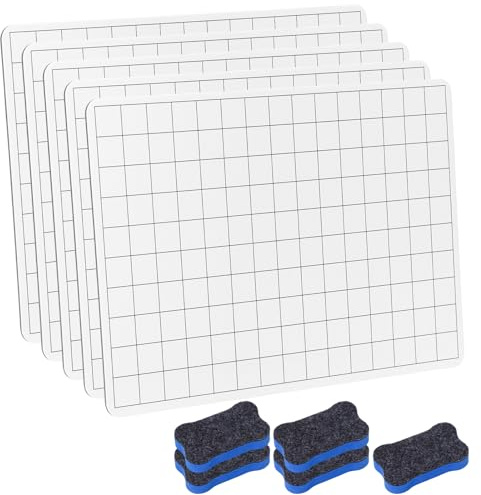 5 Pack Square Grid A4 Drywipe Whiteboards,Double Sided Magnetic Whiteboards Bulk with 5 Erase Pens and 5 Board Eraser Portable Mini Whiteboard for Drawing Math Grid Line Graphing Chart Home Office