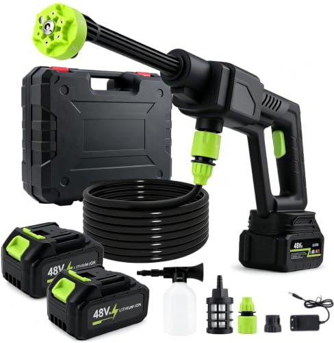 Akku Hochdruckreiniger,Max.35 Bar,6L/Min,48VF Tragbarer Hochdruckreiniger,Mobiler Hochdruckreiniger mit 2 Akku,Ladegerät, 6-in-1-Düse und 5M-Schlauch, Tragbarer Pistole für Auto,Garten,Zäunen,Haushalt