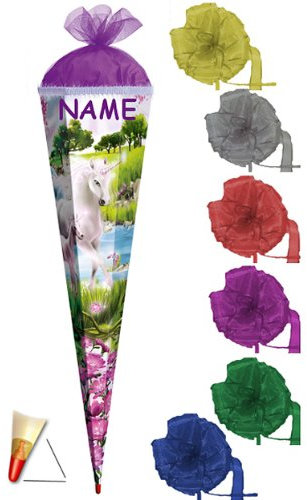 Schultüte - Einhorn 85 cm 6 eckig - incl. Namen und Schleife mit Holzspitze/Tüllabschluß und Glitzer - Zuckertüte Roth Pferd Einhörner Glitzer Glitter Borte