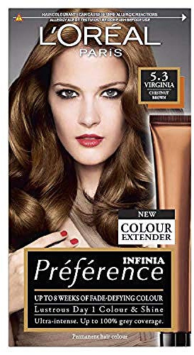 L'Oreal Paris Preference Hair Dye, Long Lasting, Luminous Permanent Hair Colour, 5.3, Virginia, pack of 3