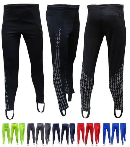 Acclaim Athens Mens Four Way Stretch Polyester Reflective Print Running Exercise Fitness Training Elasticated Tie Cord Waist Track Tights Pants Leggings with Stirrups (Black, XLarge)