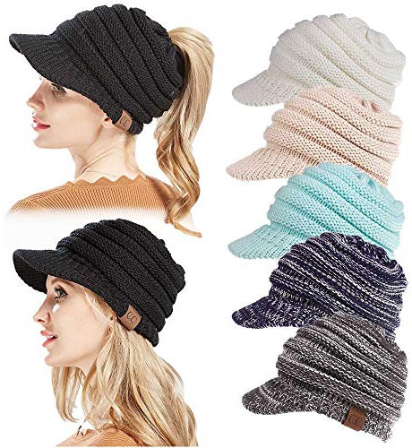 YAMEE Damen Strickmütze aus Wolle, warm, weich, Pferdeschwanz, Beanie-Mütze, Winter, Outdoor, Schnee, Freizeit, unordentlicher Dutt Gr. Einheitsgröße, Schwarz