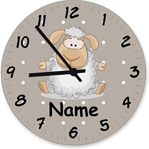 Shirtinstyle Wanduhr Kinderzimmeruhr Schaf mit Wunschnamen Geschenk Uhr Kinder Handmade, 29cm, Farbe Pastellbeige