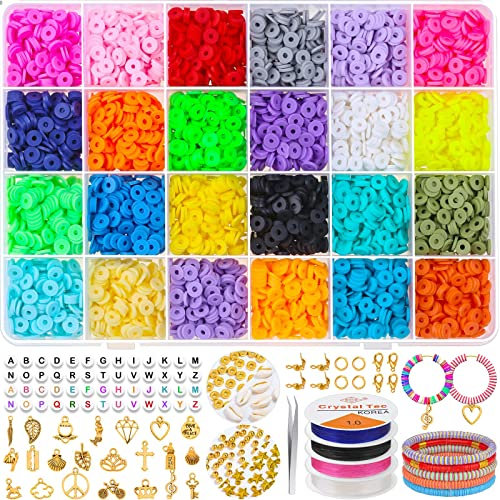 anezus 5700 Stück Clay Perlen, 24 Farben Flach Perlen mit Buchstabenperlen Goldene Perlen, 6mm Heishi Clay Perlen Basteln für DIY Schmuck Armbänder Halskette Bausatz