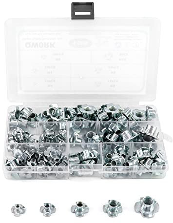QWORK® 105 Pcs Four-Pronged Tee Nuts Zinc Plated Carbon Steel T Nuts Assortment Kit M4 M5 M6 M8 M10 for Wood, Climbing Holds, Furniture