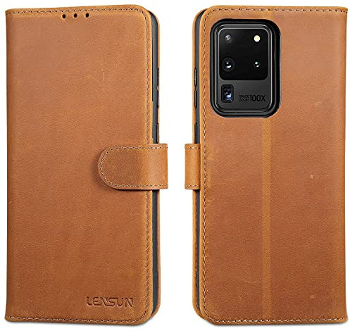 LENSUN Echtleder Hülle für Samsung Galaxy S20 Ultra, Handyhülle Leder [Magnetverschluss][RFID Schutz] Handytasche Lederhülle für Galaxy S20 Ultra 5G - Vintage Braun
