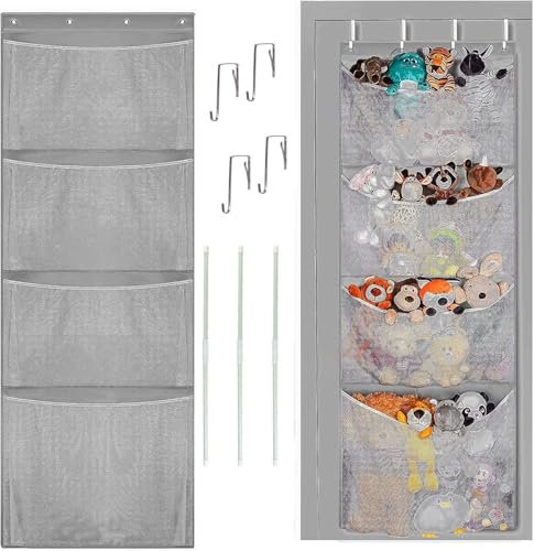 Stuffed Animal Storage, with 3 Large Pockets and 2 Medium Pockets, Over The Door Organizer Storage for Closet, Baby, Plush Toy, Hanging Door Organizer for Nursery, Bedroom, Bathroom, Kids Room （Grey)
