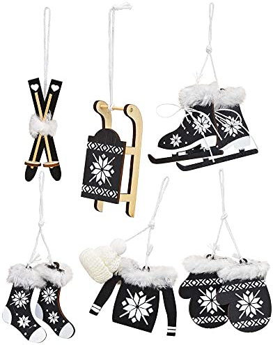 Weihnachtsanhänger Set 6 TLG | Holz Weihnachtsbaumanhänger Ski Schlitten Schlittschuhe Handschuhe | Holz-Hänger Deko (schwarz)