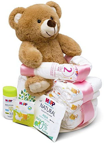 MilaBoo® Windeltorte Motorrad rosa mit kuscheligen kleinen Teddybär I hochwertiges Neugeborenen Geschenk mit Windeln und Produkten von Hipp I persönliches Babygeschenk zur Geburt