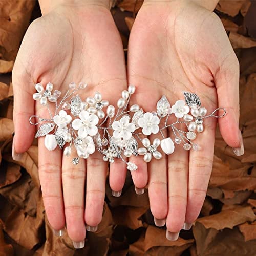 Edary Blume Braut Hochzeit Haarranbe Silber Perlen Kopfschmuck Perlen Stirnband Brautblatt Haarschmuck für Frauen und Mädchen