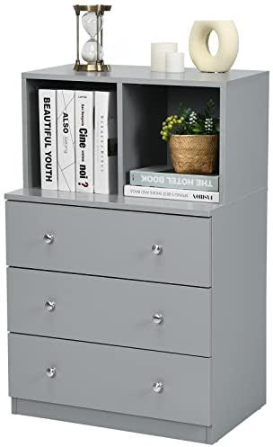 Multigot Wooden Chest of Drawers, 3-Drawer Dresser Storage Cabinet with 2 Cubbies, Freestanding Modern Chest Cupboard Organiser Unit for Living Room, Bedroom, Closet and Hallway (Grey)