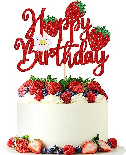 1 Stück Erdbeere Happy Birthday Geburtstag Tortendeko, Glitzer Strawberry Kuchen Deko Sommer Früchte Cake Topper für Kinder Jungen Mädchen Geburtstag Baby Dusche Party Supplies