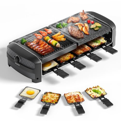 Griglia Elettrica JOYAMI Raclette da Tavolo con Pietra Naturale e Piastra Grill, Raclette con Piastra Antiaderente e 8 Pentolini,Griglia Elettrica per Grigliate Gratinati, Acciaio Inossidabile, 1400 W