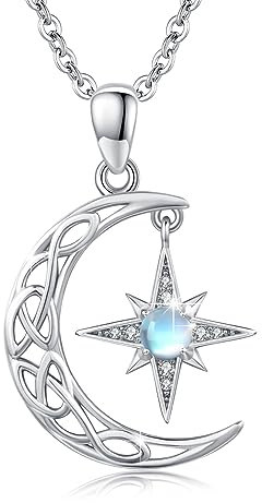 REDSUN Halbmond Halskette 925 Sterling Silber Keltischer Mondstein Anhänger Kette Regenbogen Stern Halskette Schmuck Geschenk für Frau Mädchen Kinder Frauen