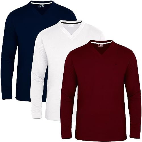 JRC Just Royal Clothing Pack of 3 Mens Long Sleeve V-Neck T-Shirts, Casual Vee Neck Tops (Maroon, White, Navy, XL)
