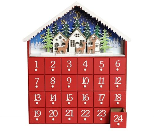 PE Handgefertigter Holz Adventskalender Haus mit 24 Schubladen - Beleuchteter Weihnachtskalender mit Rentieren und Dorf Szene - Weihnachtsdeko zum Befüllen 35x6,3x29cm