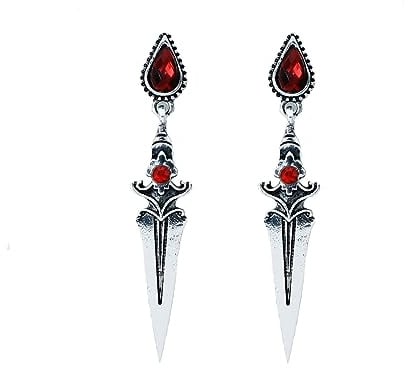 W WEILIRIAN Gothic Schwert Ohrringe für Frauen - Teardrop Rubin Ohrstecker, Silber Dolch Design - Halloween Cosplay Party Schmuck für Mädchen Geschenke