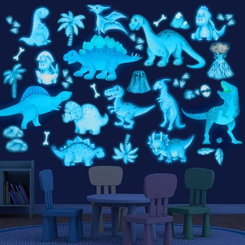 Silkwish Dinosaurier Wandsticker Kinderzimmer Leuchtend, Selbstklebend Dino Wandtattoo Kinderzimmer,Glühen Wandtattoo Dinosaurier für Junge Kinderzimmer Schlafzimmer Geschenke Blau