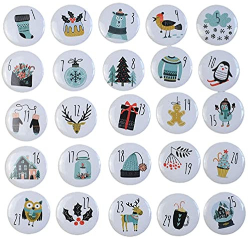 25 Adventskalenderzahlen auf Buttons, Anstecknadeln zum Dekorieren von Adventskalender mit Zahlen von 1-25, für Stoffbeutel, Tüten und Tüten - Zahlenknöpfe