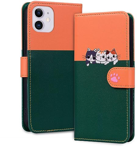 Tiyoo Lovely & Cute Flip Wallet Phone Case for iphone 11 with Cartoon Cat&Dog Pattern,Premium Magnetic PU+TPU Leather for high protection phone cover for iphone11(Dark Green&Orange)