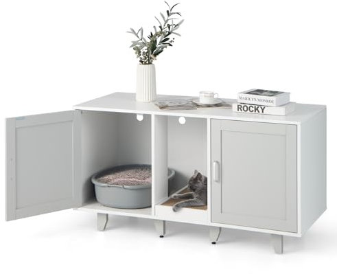 Maxmass Cat Litter Box Enclosure, 3 in 1 Hidden Kitty Washroom Toilet with 2 Doors, Scratching Board & Detachable Legs, TV Stand Cabinet Wooden Cats House for Living Room Bedroom (Light Gray)