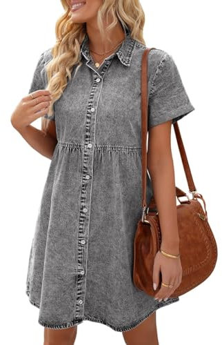 Vetinee Jeans Kleider Damen Sommer Shirtkleid Damen Foxy Gray Größe M passt für EU 38-40